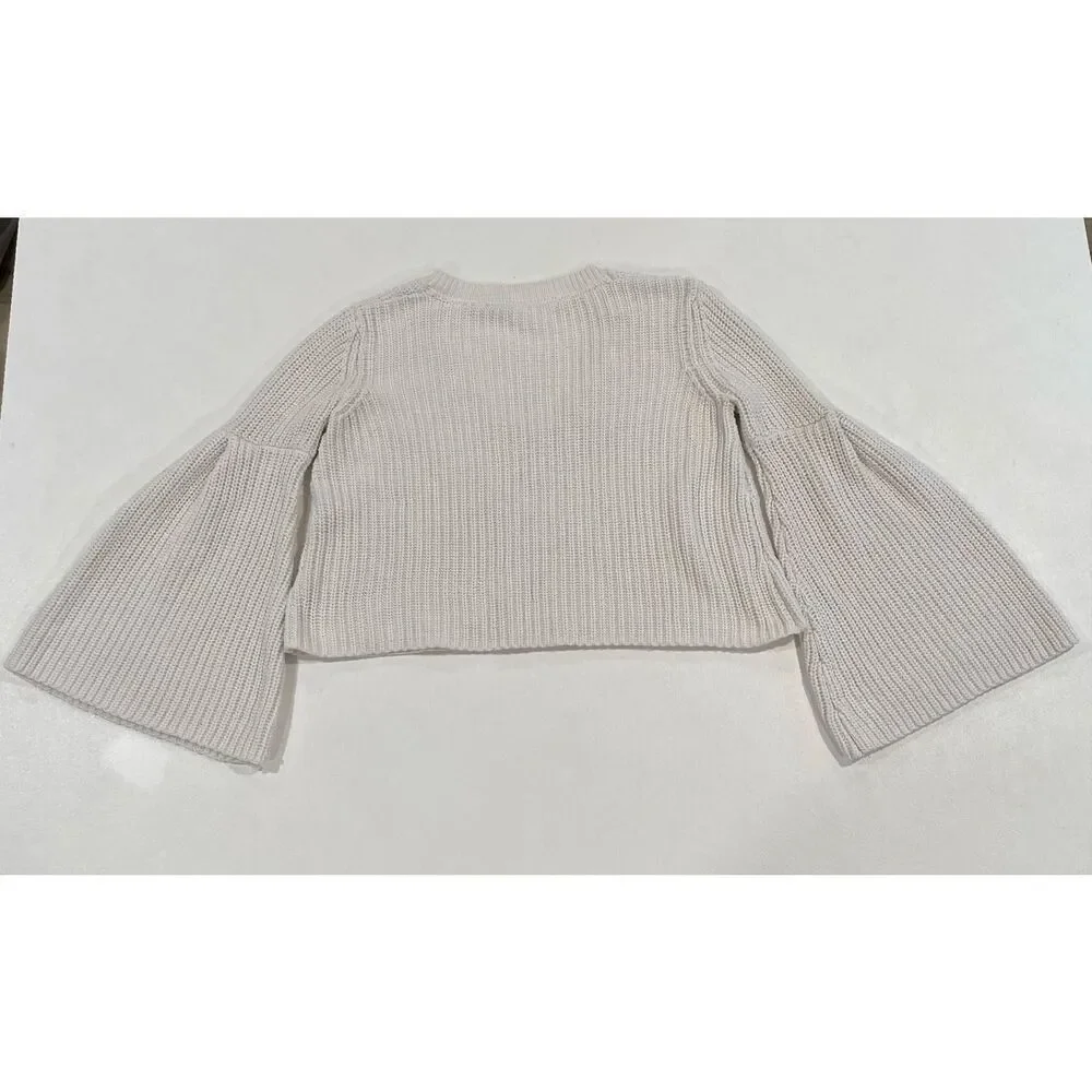 Free People Cream Cropped Bell Sleeve Sweater Women XS Boho Knit V Neck Top